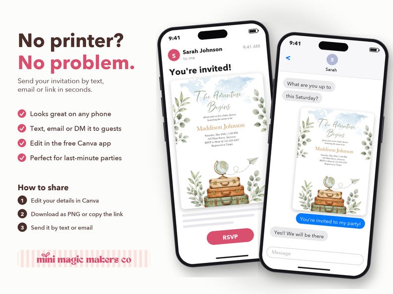 May include: Two smartphones display a digital invitation with the text The Adventure Begins, featuring watercolor illustrations of a globe, stacked vintage suitcases, and green foliage, with an RSVP button and text message interface.