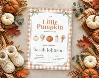 Editable Canva Little Pumpkin Baby Shower Invitation, Terracotta Gingham, Fall Theme (Digital Download)