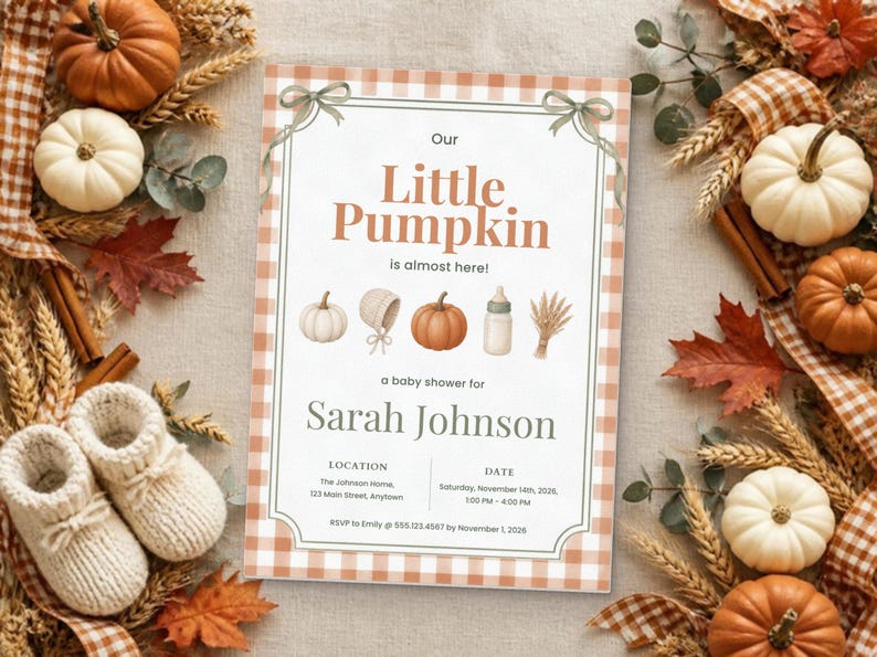 May include: A rectangular baby shower invitation card with a light orange gingham border, featuring the text Our Little Pumpkin is almost here, Sarah Johnson, and event details, decorated with illustrations of pumpkins, a bonnet, and a bottle.