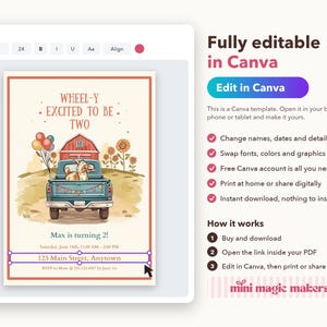 May include: A digital birthday invitation template featuring a blue pickup truck carrying a dog, a red barn, sunflowers, and balloons. The text reads: WHEEL-Y EXCITED TO BE TWO, Max is turning 2!, Saturday, June 14th, 11:00 AM &ndash; 2:00 PM, 123 Main Street, Anytown, RSVP to Mom @ 555.123.4567 by June 1st.