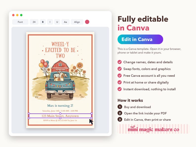 May include: A digital birthday invitation template featuring a blue pickup truck carrying a dog, a red barn, sunflowers, and balloons. The text reads: WHEEL-Y EXCITED TO BE TWO, Max is turning 2!, Saturday, June 14th, 11:00 AM &ndash; 2:00 PM, 123 Main Street, Anytown, RSVP to Mom @ 555.123.4567 by June 1st.