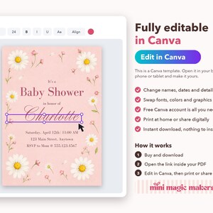 Puede incluir: Una plantilla de invitaci&oacute;n digital para baby shower con un fondo rosa suave decorado con ilustraciones de margaritas blancas. El texto dice It's a Baby Shower in honor of Charlotte, con marcadores de posici&oacute;n para fecha, hora, lugar e informaci&oacute;n de RSVP.