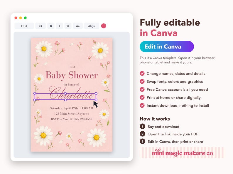 Puede incluir: Una plantilla de invitaci&oacute;n digital para baby shower con un fondo rosa suave decorado con ilustraciones de margaritas blancas. El texto dice It's a Baby Shower in honor of Charlotte, con marcadores de posici&oacute;n para fecha, hora, lugar e informaci&oacute;n de RSVP.
