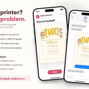 May include: Two smartphones display a digital birthday invitation with a zoo animal theme. The invitation features the text TWO, Oliver, and turning two, surrounded by illustrations of a lion, giraffe, monkey, and elephant on a light background.