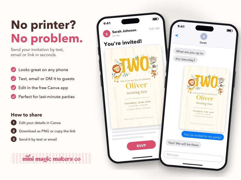 May include: Two smartphones display a digital birthday invitation with a zoo animal theme. The invitation features the text TWO, Oliver, and turning two, surrounded by illustrations of a lion, giraffe, monkey, and elephant on a light background.