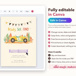 May include: A digital invitation template featuring a yellow race car, cacti, and bunting flags with the text Ready, Set, ONE! and Max is turning one. The design is displayed within a software interface showing editing tools and instructions.