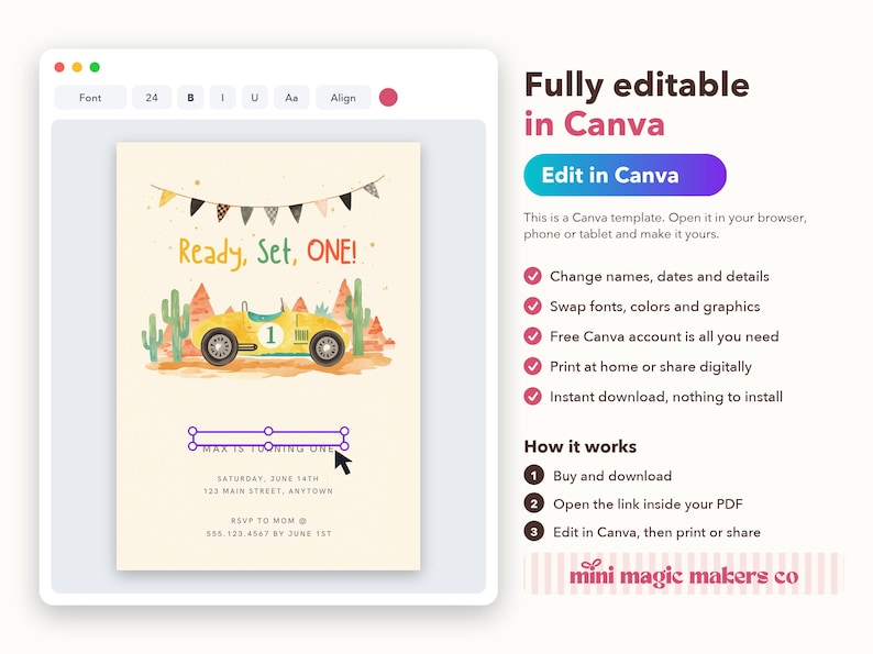 May include: A digital invitation template featuring a yellow race car, cacti, and bunting flags with the text Ready, Set, ONE! and Max is turning one. The design is displayed within a software interface showing editing tools and instructions.