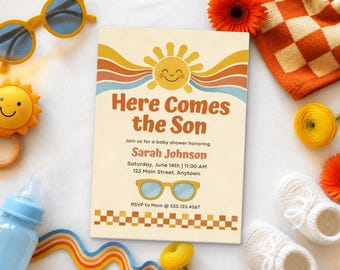 May include: A rectangular baby shower invitation card featuring a smiling sun graphic, wavy rainbow stripes, and the text Here Comes the Son. The card includes event details for Sarah Johnson, a pair of sunglasses illustration, and a checkered border.