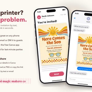 Pu&ograve; includere: Due smartphone mostrano un invito digitale per baby shower intitolato Here Comes the Son, con un sole sorridente, archi arcobaleno e occhiali da sole. Il testo include i dettagli dell'evento per Sarah Johnson con un bordo a scacchi.
