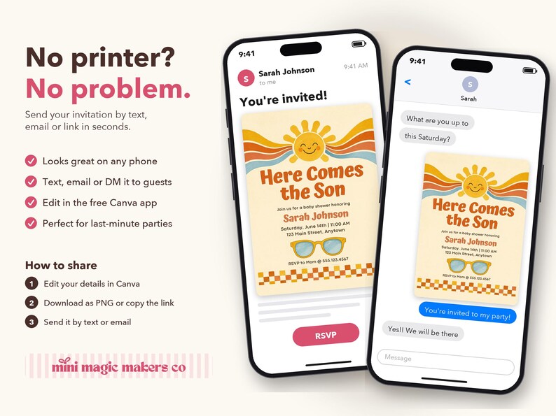 Pu&ograve; includere: Due smartphone mostrano un invito digitale per baby shower intitolato Here Comes the Son, con un sole sorridente, archi arcobaleno e occhiali da sole. Il testo include i dettagli dell'evento per Sarah Johnson con un bordo a scacchi.