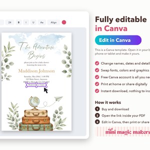 May include: A digital baby shower invitation template featuring a watercolor world map, green leaves, a globe, and stacked vintage suitcases. The text reads The Adventure Begins, Maddison Johnson, and includes event details and a registration link.