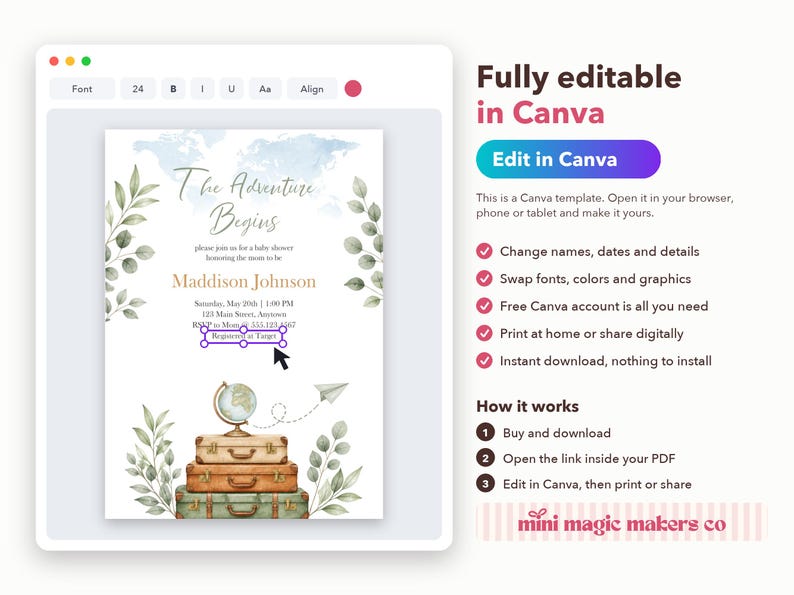 May include: A digital baby shower invitation template featuring a watercolor world map, green leaves, a globe, and stacked vintage suitcases. The text reads The Adventure Begins, Maddison Johnson, and includes event details and a registration link.