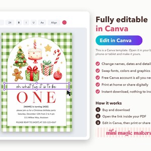 May include: A digital birthday invitation template featuring a green and white gingham border and watercolor Christmas illustrations including a tree, cake, gingerbread man, gifts, and candy cane with text reading oh what fun it is to be ONE.