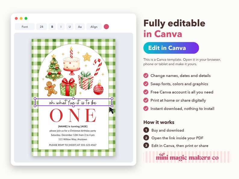 May include: A digital birthday invitation template featuring a green and white gingham border and watercolor Christmas illustrations including a tree, cake, gingerbread man, gifts, and candy cane with text reading oh what fun it is to be ONE.