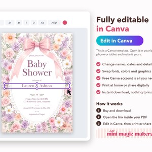 Floral Bow Baby Shower Invitation, Editable Canva Template, Pink Bow Girl Baby Shower Invite, Ditsy Wildflower Lace Oval, Instant Download image 5