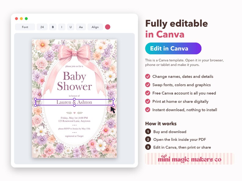 Floral Bow Baby Shower Invitation, Editable Canva Template, Pink Bow Girl Baby Shower Invite, Ditsy Wildflower Lace Oval, Instant Download image 5