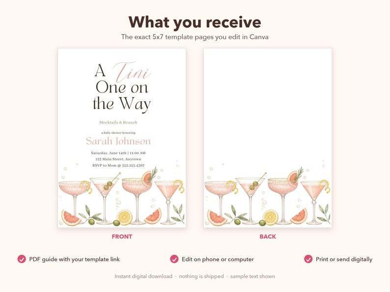 A Tini One on the Way Baby Shower Invitation, Editable Canva Template, Mocktail Brunch Baby Shower Invite, Martini Shower, Instant Download image 6