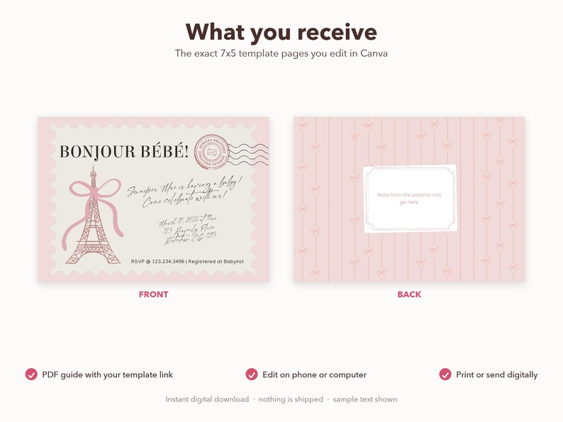 Bonjour Bébé Baby Shower Invitation – French Chic, Canva Editable (Digital Download) image 10