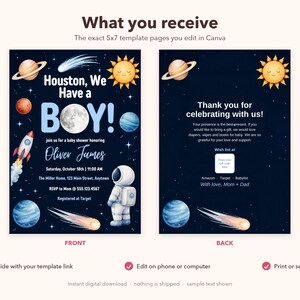 Houston We Have a Boy Baby Shower Invitation, Editable Canva Template, Space Baby Shower Invite, Astronaut Moon Planets, Instant Download image 3