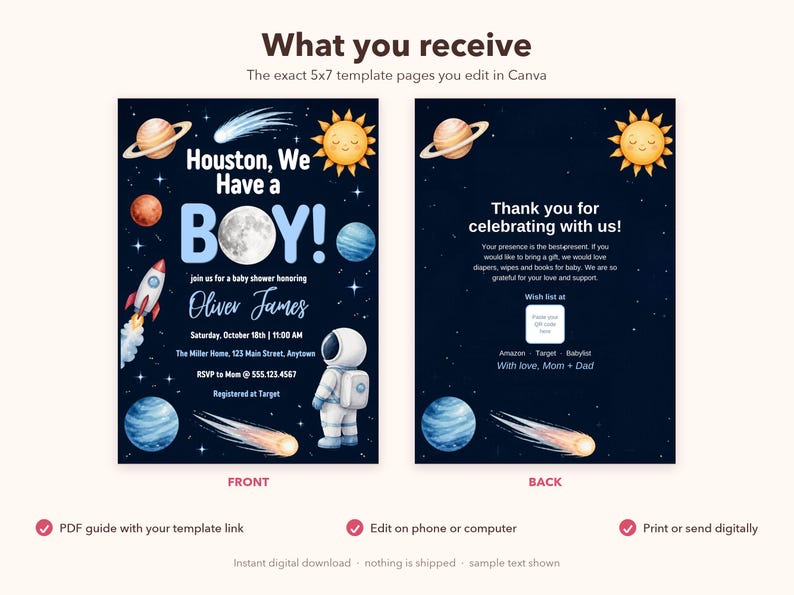 Houston We Have a Boy Baby Shower Invitation, Editable Canva Template, Space Baby Shower Invite, Astronaut Moon Planets, Instant Download image 3