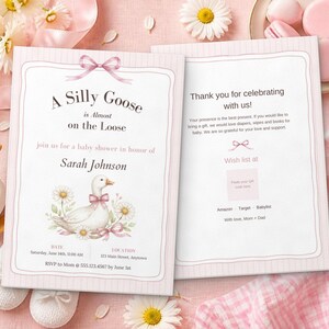Silly Goose Baby Shower Invitation, Editable Canva Template, Sage Gingham Goose Shower Invite, Silly Goose on the Loose, Instant Download image 7