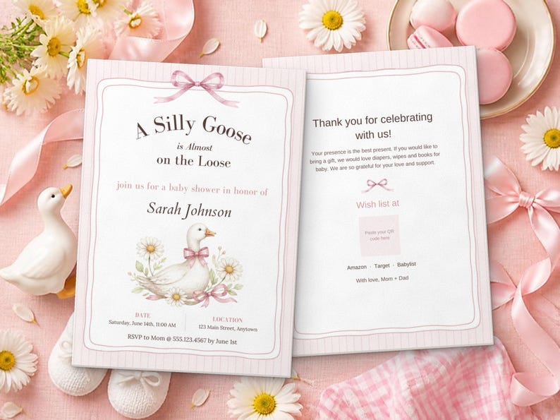 Silly Goose Baby Shower Invitation, Editable Canva Template, Sage Gingham Goose Shower Invite, Silly Goose on the Loose, Instant Download image 7