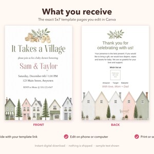 It Takes a Village Baby Shower Invitation, Editable Canva Template, Gender Neutral Shower Invite, Watercolor Houses, Instant Download image 6