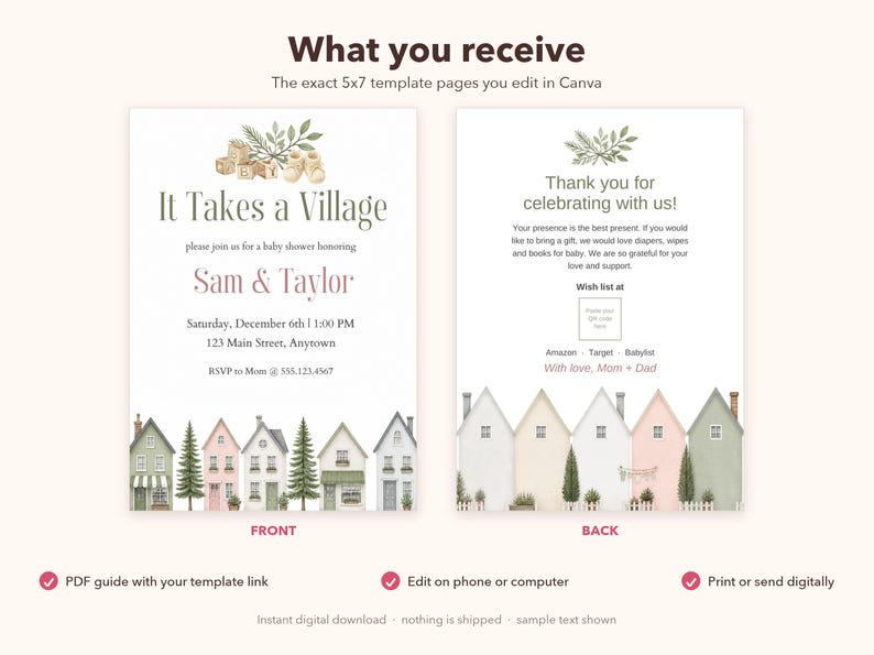 It Takes a Village Baby Shower Invitation, Editable Canva Template, Gender Neutral Shower Invite, Watercolor Houses, Instant Download image 6