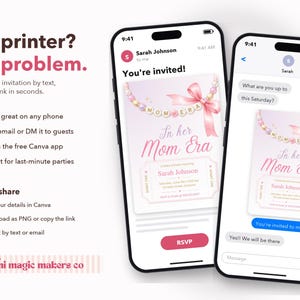 Puede incluir: Dos tel&eacute;fonos inteligentes que muestran una invitaci&oacute;n digital para un baby shower. La invitaci&oacute;n presenta una cinta rosa, cuentas y el texto In her Mom Era. Las pantallas muestran interfaces de correo y mensajes con botones RSVP.