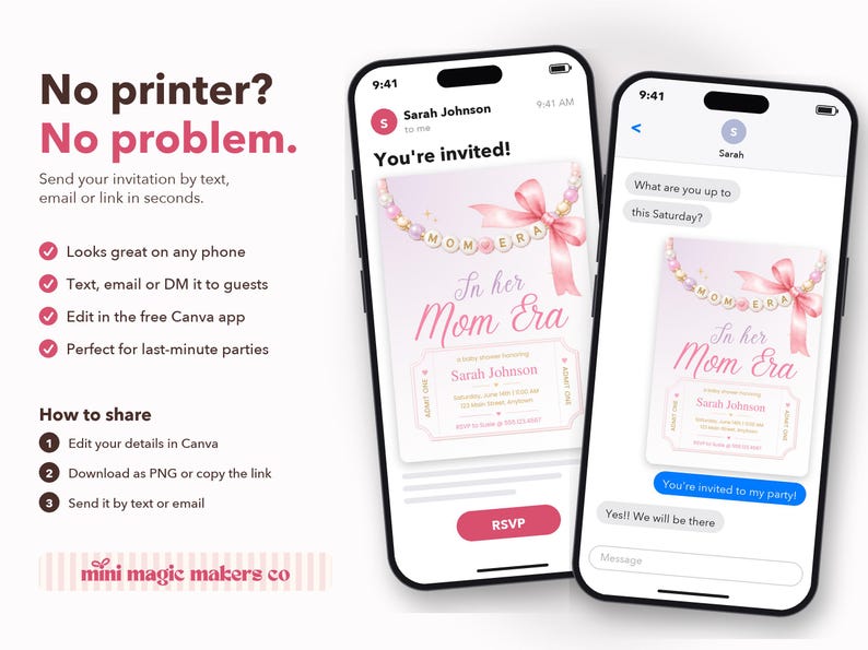 Puede incluir: Dos tel&eacute;fonos inteligentes que muestran una invitaci&oacute;n digital para un baby shower. La invitaci&oacute;n presenta una cinta rosa, cuentas y el texto In her Mom Era. Las pantallas muestran interfaces de correo y mensajes con botones RSVP.