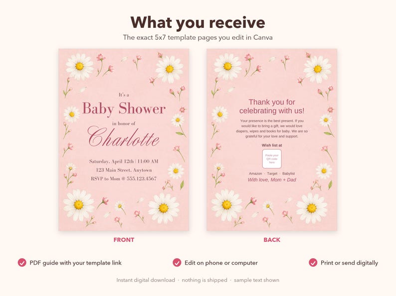 Puede incluir: Dos plantillas de invitaci&oacute;n para baby shower de 13x18 cm sobre un fondo rosa claro con ilustraciones de margaritas blancas. El frente incluye texto como Baby Shower in honor of Charlotte. El reverso incluye agradecimientos y un c&oacute;digo QR.