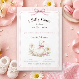 Silly Goose Baby Shower Invitation, Editable Canva Template, Sage Gingham Goose Shower Invite, Silly Goose on the Loose, Instant Download image 1