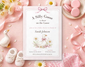 Silly Goose Baby Shower Invitation, Editable Canva Template, Sage Gingham Goose Shower Invite, Silly Goose on the Loose, Instant Download