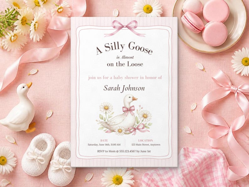 Silly Goose Baby Shower Invitation, Editable Canva Template, Sage Gingham Goose Shower Invite, Silly Goose on the Loose, Instant Download image 1