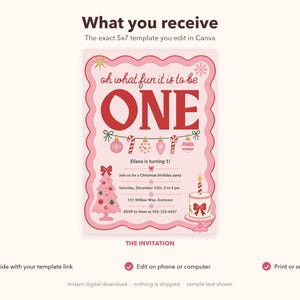 Christmas First Birthday Invitation, Oh What Fun It Is To Be ONE, Pink Scalloped Frame, Editable Canva Template, 5x7 Instant Download image 6
