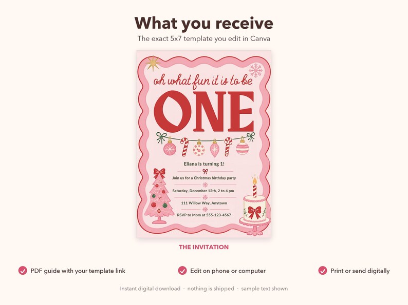 Christmas First Birthday Invitation, Oh What Fun It Is To Be ONE, Pink Scalloped Frame, Editable Canva Template, 5x7 Instant Download image 6