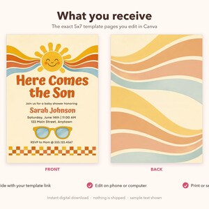 Pu&ograve; includere: Un modello di invito per baby shower 5x7 con un sole sorridente, linee ondulate gialle, arancioni e blu e il testo Here Comes the Son. Il fronte include occhiali da sole e un bordo a scacchi, mentre il retro mostra linee ondulate.