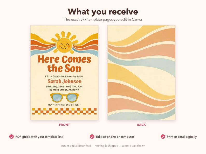 Pu&ograve; includere: Un modello di invito per baby shower 5x7 con un sole sorridente, linee ondulate gialle, arancioni e blu e il testo Here Comes the Son. Il fronte include occhiali da sole e un bordo a scacchi, mentre il retro mostra linee ondulate.