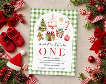 May include: A rectangular Christmas birthday invitation card with a green and white gingham border. The center features watercolor illustrations of a cake, tree, gingerbread man, gifts, and candy cane. Text reads: oh what fun it is to be ONE.