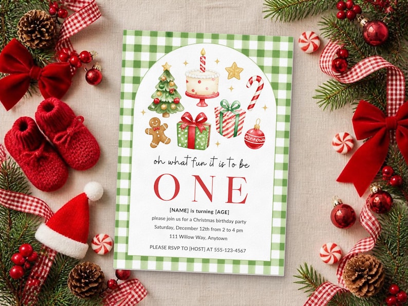 May include: A rectangular Christmas birthday invitation card with a green and white gingham border. The center features watercolor illustrations of a cake, tree, gingerbread man, gifts, and candy cane. Text reads: oh what fun it is to be ONE.