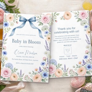 Baby in Bloom Baby Shower Invitation, Editable Canva Template, Wildflower Garden Party Shower Invite, Blue Bow Floral, Instant Download image 5