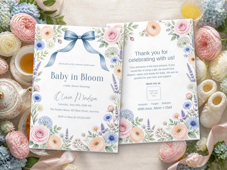 Baby in Bloom Baby Shower Invitation, Editable Canva Template, Wildflower Garden Party Shower Invite, Blue Bow Floral, Instant Download image 5