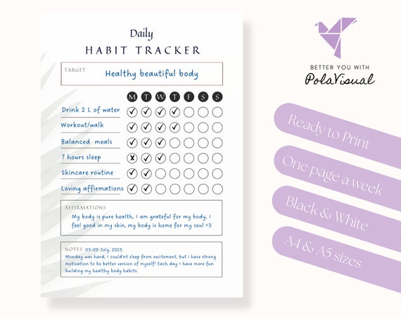 Daily Habit Tracker Printable Template With Affirmation and - Etsy