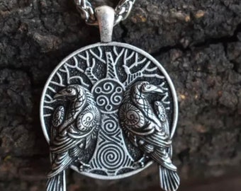 Yggdrasil vichingo norreno ALBERO DELLA VITA Ciondolo coppia corvo in argento o bronzo con collana a catena