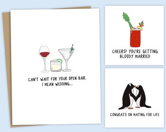 Funny Wedding Cards, 3 Different Designs | Funny Newlywed Cards - Fun Punny Cards For Wedding Shower or Bridal Shower -Blank Inside