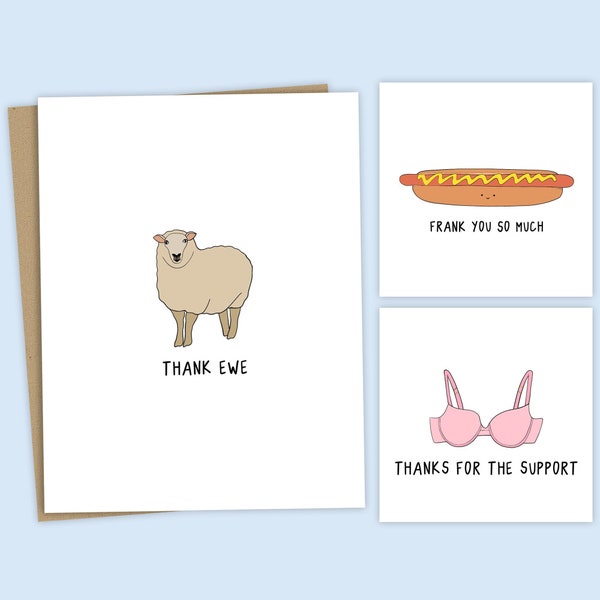 Funny Thank You Cards, 3 Different Designs | Funny Thanks Cards - Punny Thank You and Everyday Cards For All Occasions -Blank Inside