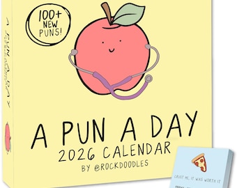 Calendario de escritorio diario con juegos de palabras Rockdoodles 2026 / Calendario divertido 2026, día a día para el hogar o la oficina, Calendario diario 2026, página por día