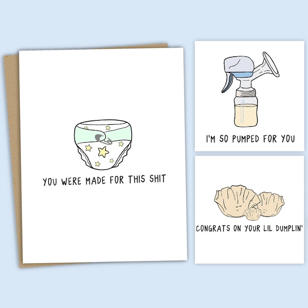 Funny Baby Shower Cards, 4 Different Designs | Funny New Parent Cards - Fun Punny Cards For Baby Shower or Expecting Parents -Blank Inside
