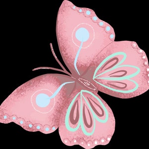 Könnte beinhalten: Ein rosa Schmetterling mit hellblauen und braunen Akzenten. Der Schmetterling hat eine texturierte, aquarellartige Optik.