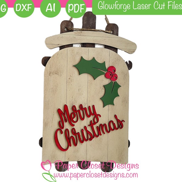 Christmas  Sleigh  Wood Sign with Holly  3D SVG Laser Cut File for Glowforge Laser Printers